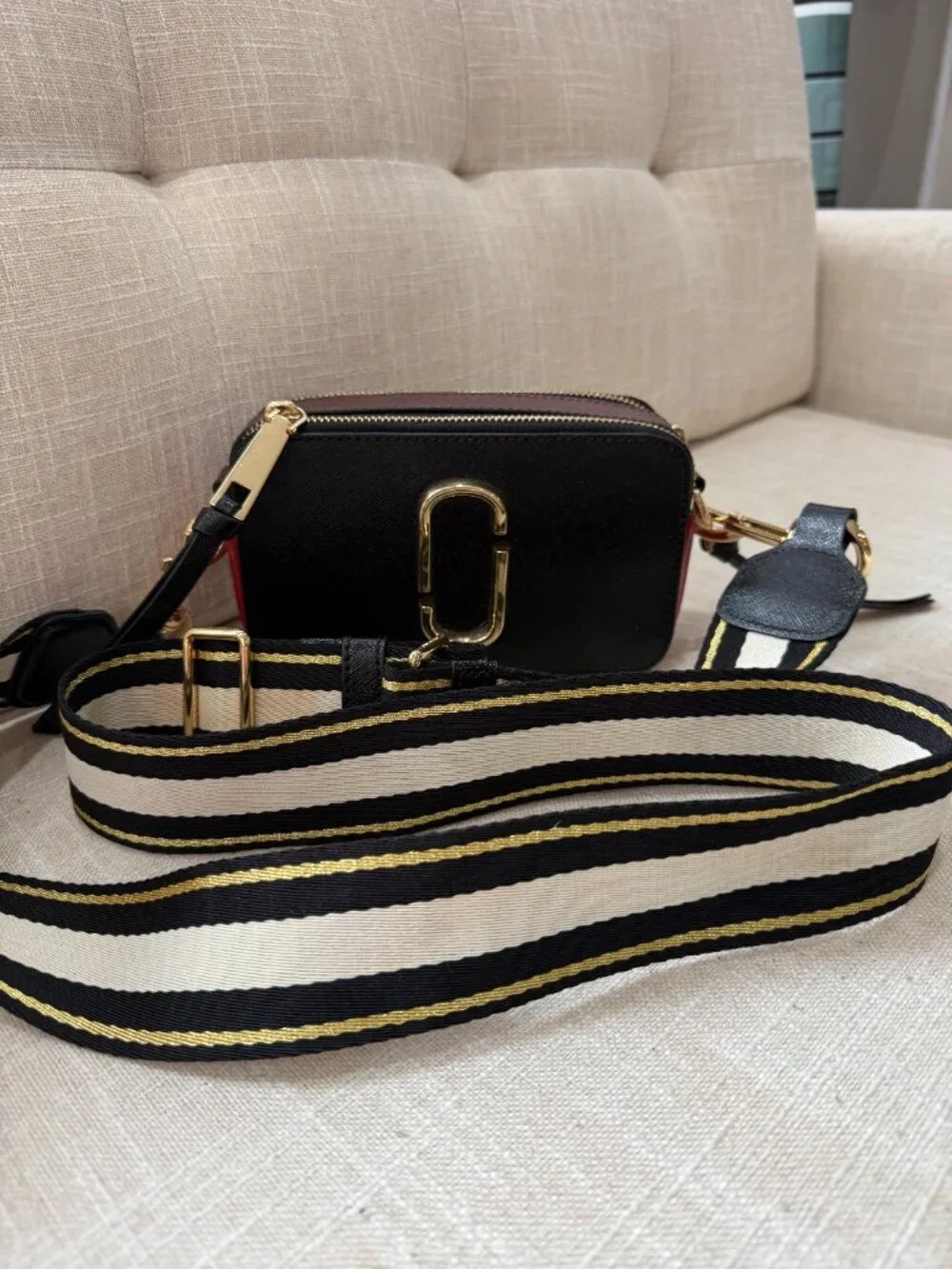 Marc Jacobs Snapshot Camera Bag – Black with Striped Strap